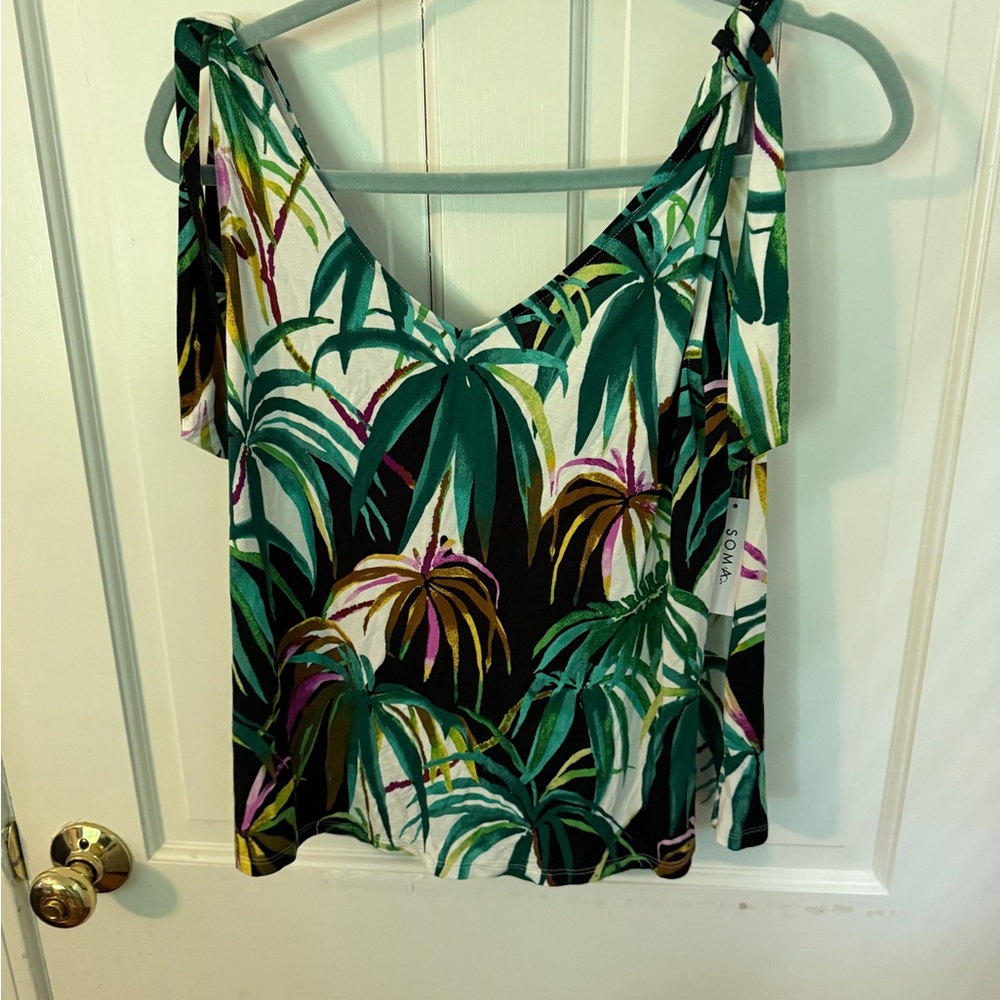 Soma Tropical Palm-Print Tie-Shoulder Camisole in Green, Teal, Black